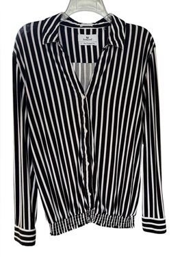Buttercloth Top Black White Stripes Button Front Pre Tucked Fit Bamboo Cotton L